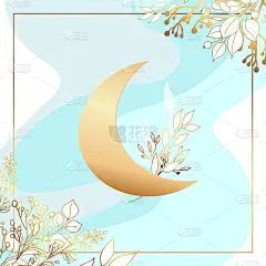 金色的月亮。叶子的黄金。精致的蓝色背景。简约的风格。