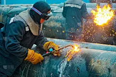 用乙炔焊切割大口径天然气管道的旧管。金属管道的利用