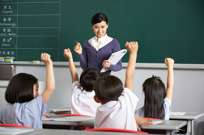 教师,教室,高举手臂,小学,学生,儿童教...