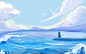 横版夏天海浪大海海鸥天空云朵意境类插画图片素材下载 - 觅知网