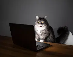 点击来源直接获取大图文件 |curious young blue tabby maine coon cat with open mouth standing on chair in front of table with notebook computer looking at screen meowing