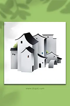 扁平古典民居古村建筑插画设计