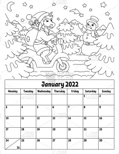 2022年的垂直日历，有一个可爱的字符。儿童涂色页。一周从星期一开始。孤立的矢量图。卡通风格。