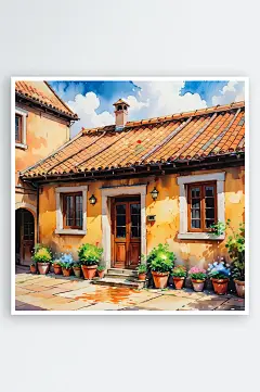 手绘油画老房子四合院插画-众图网