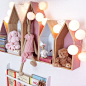 Litet hus... Hushylla, barnrum. Kids room details. Maileg bunny & mouse in little houses, cotton ball string lights.