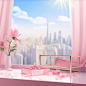 a pink box with flowers in it, in the style of grandiose cityscape views, with white curtains，anime inspired, glass as material, soft and dreamy atmosphere, spectacular backdrops, playful details, spatial concept