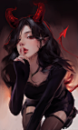 Anime 3000x5000 women curly hair red lipstick succubus demon tail horns stockings