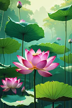 鲜花莲叶荷花荷叶插画图片