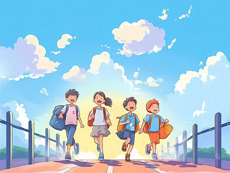 开学季夏天可爱小学生背着书包去上学场景-花瓣网