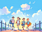 开学季夏天可爱小学生背着书包去上学场景