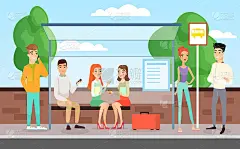 人们等公共汽车的矢量插图。站着、说话、坐着的人站在公交车站上，公交车站概念为平面卡通风格。