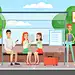 人们等公共汽车的矢量插图。站着、说话、坐着的人站在公交车站上，公交车站概念为平面卡通风格。