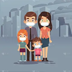 家庭城市烟雾。人们防护口罩污染空气雾霾有毒工业有害废弃物粉尘口罩n95 pm2, 5，媒介隔离
