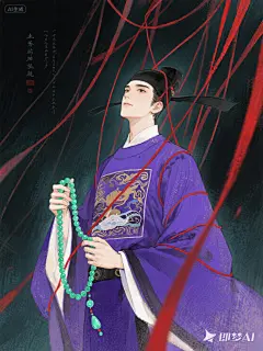 jimeng-2025-08-21-5433-中式怪诞风格，中国古代，华丽水墨人物插画，晕染颗粒感，穿着紫色官服看向镜头的古代