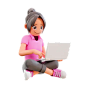 女孩盘腿坐着，在笔记本电脑 3D 插图中学习