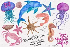 海洋生物水彩插画邀请函标志横幅海报艺术版画设计素材下载 Under the Sea Watercolor Collection