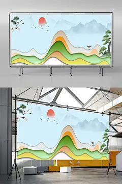 国潮新中式鎏金背景烫金仙鹤山水展架