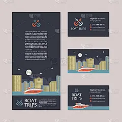 模板名片和传单。游艇在夜间城市景观的背景。矢量插图在平面风格。