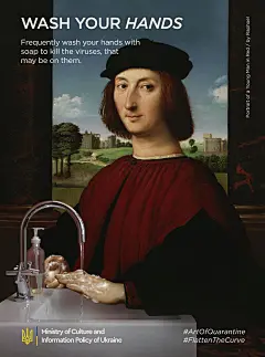 MCPU: #ArtOfQuarantine乌克兰世界名画抗疫海报《勤洗双手》勤用香皂洗手杀灭可能的病菌——拉斐尔《穿红袍的年轻人肖像》名画恶搞