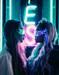 People 1080x1350 women model portrait neon neon lights dyed hair brunette face to face long hair cyberpunk profile Asian