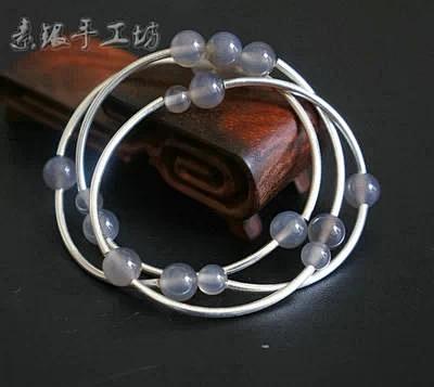 素银手工坊ph7925大小灰玛瑙光面银管...