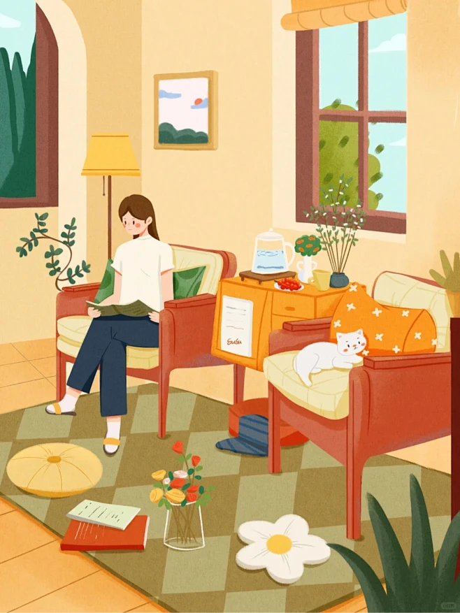 室内场景插画合集|原创插画|扁平肌理风 - 小红书-花瓣网