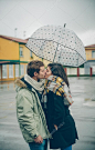 在秋天的雨天伞下亲吻的年轻美丽夫妇的画像。爱和夫妻关系概念
