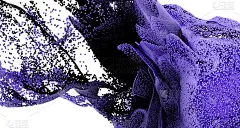 抽象艺术的3d渲染与超现实的3d背景与部分流体烟雾云状物质在你的曲线形状的基础上，紫色的小球粒子在孤