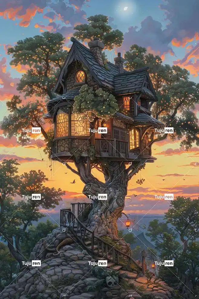 Ai产生的 自然 树屋 幻想 树 房子 景观 童话 日落-花瓣网