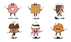 图源免费EPS |一组复古卡通有趣的甜点。可爱时髦的甜蛋糕、华夫饼、燕麦饼干、甜甜圈、蛋糕、纸杯蛋糕。时髦的矢量插图