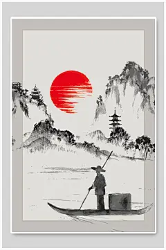 素雅划船黄黑创意高端清新古风背景-众图网