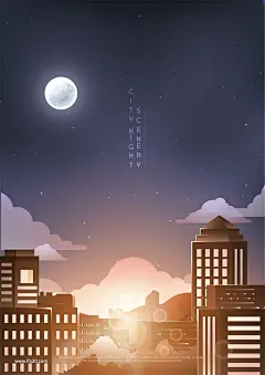 现代城市夜景星空湖水流星灯光烟花插画