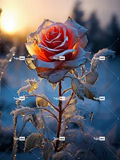 一朵鲜艳的[金红色]玫瑰在冰雪世界里绽放海报