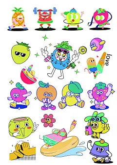 孟菲斯扁平风水果手举牌贴纸-源文件-采灵感-cailinggan.com