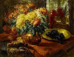 弗兰斯·莫特尔曼（Frans Mortelmans），1865年5月1日-1936年4月11日。比利时画家、绘图员和雕刻师。他最初的绘画主题为肖像画、历史画、海军陆战队和流派场景，但后来专门从事静物画的创作，尤其是花卉作品，取得了相当大的成功。