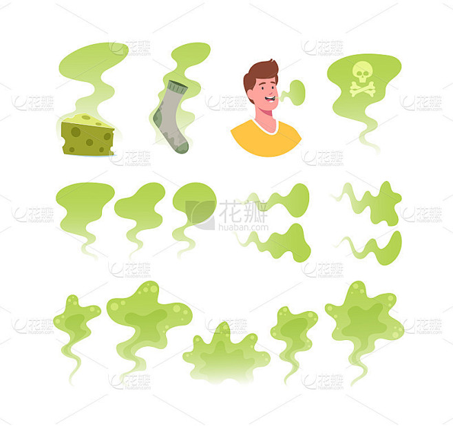 一组图标糟糕的气味主题。绿色有毒云，臭袜子和奶酪，有恶心呼吸云的人