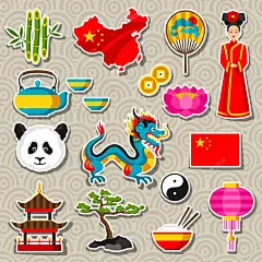 中国图标设置。中国不干胶标签符号和对象