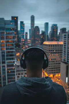 看城市夜景的年轻人背影