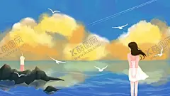 治愈系大海插画 【酷图网】治愈系,唯美梦幻,女孩,海鸥,大海