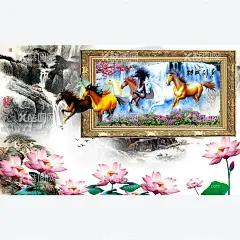 马到成功背景墙  - 源文件下载【酷图网】山水,荷花,八骏图,画框,电视背景墙,壁画,装饰画,酒店墙画,背景墙,电视墙,墙面装饰,壁纸,客厅,卧室,玄关,走廊,书房,墙贴,3d立体背景墙,