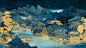 gold and azure, dark cyan mountain, a painting that shows a large mansion with hills and water,Tradition Chinese Ink Painting, detailed and intricate compositions, naturalistic depictions of flora and fauna, precisionist art, historical illustrations, aer