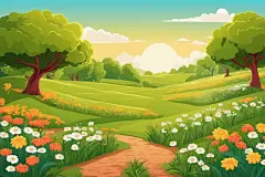 春天绿树小草植物春景插画背景图