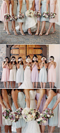 Mismatched pastel bridesmaid dresses #pastelwedding