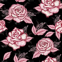 无缝，现代，图案的玫瑰，草，装饰墙纸，手绘构成在复古风格的插图粉色花朵，孤立在一个黑色的背景。印刷，