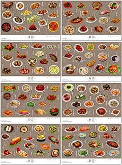 时尚八大菜系浙菜徽菜鲁菜川粤苏闽菜美食插图画海报素材设计模板-淘宝网