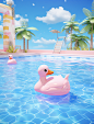swimming pool for kids free screenshots, in the style of realistic and hyper-detailed renderings, sky-blue and pink, life-like avian illustrations, meticulous still lifes, duckcore, atmosphere of dreamlike quality, large scale