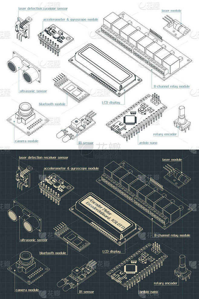 Arduino传感器的样式化矢量插画