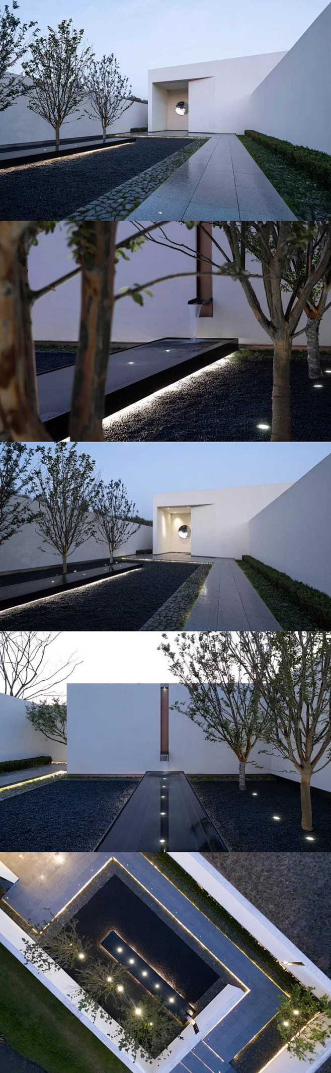 奥克斯 · 繁花里示范区 作为展示中心的前置景观空间，整个庭院被大面积的黑色砾石所占据。阵列的紫薇花树伫立在墙边，条形的镜面水景倒映着天光云影 ...
