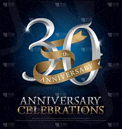 第三十周年纪念庆祝银和金标志与金黄丝带在深蓝背景。矢量插画