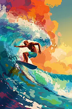 扁平风冲浪画报风夏天插画